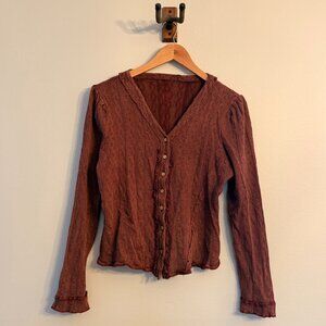 Bohemian Long Sleeve Fitted Women's Burgundy Blouse